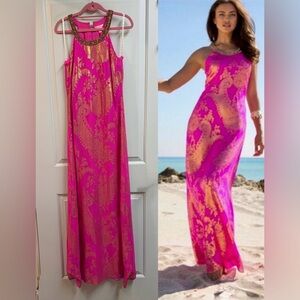 Lilly pulitzer Franconia Maxi Dress Magenta Paisley Chiffon Size 0 EEUC like new